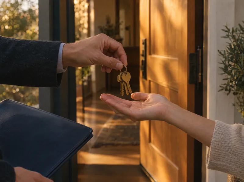 House keys passed from one hand to another at an open front door
